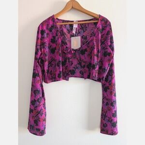 Savage X Fenty Rihanna Magenta Floral Tie Front Crop Top Long Sleeve Medium NWT